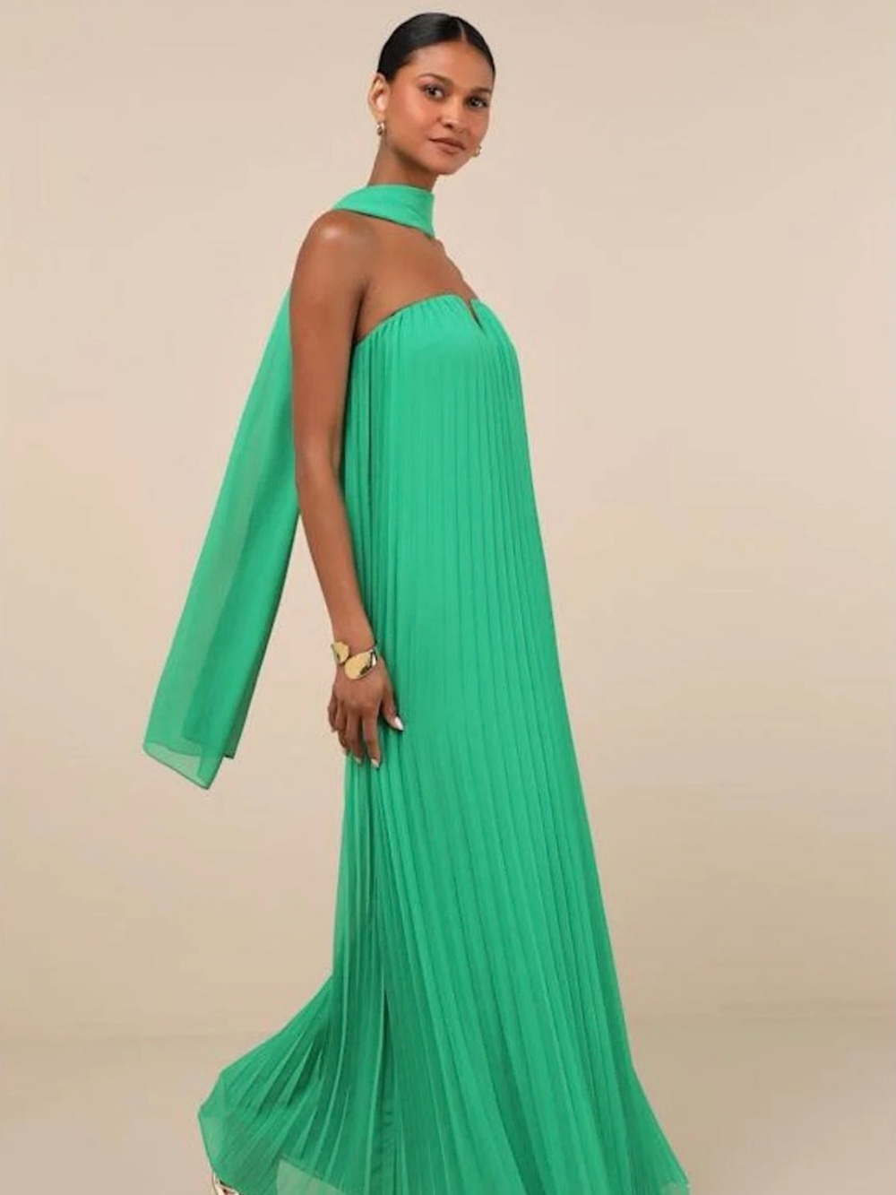 Lulu's Emerald Strapless Pleated Maxi Dress with Chiffon Scarf